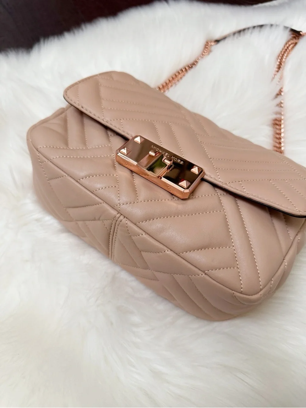 Michael Kors Quilted Blush Shoulder Bag with Rose Gold Chain
